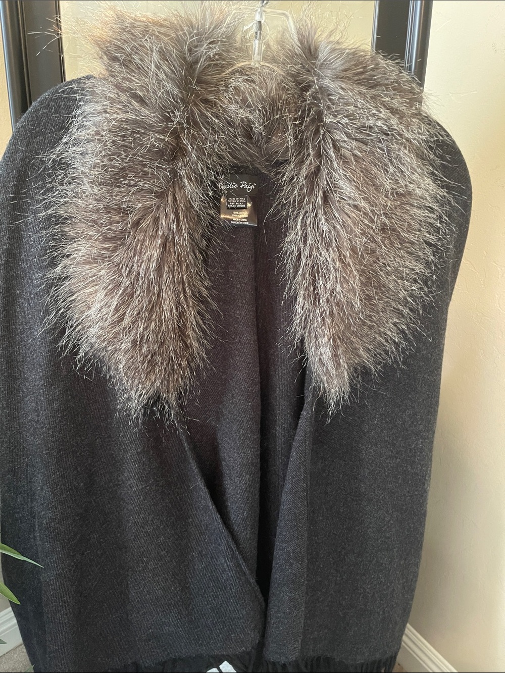 Charlie Paige Black Wrap with Gray Faux Fur Trim